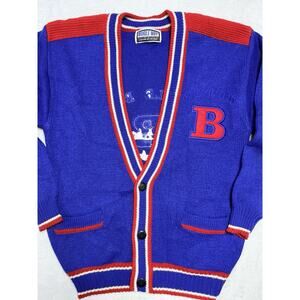 VTG Bugle Boy American Classic Varsity V-Neck Button Up Cardigan Blue Red Sz LG